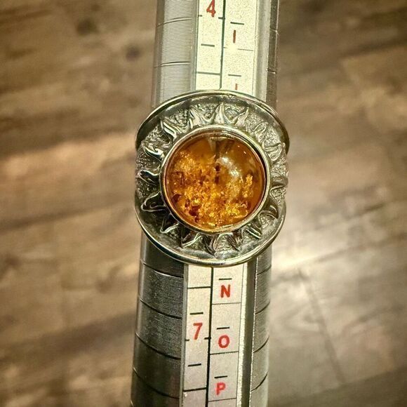 Genuine Baltic Honey Amber Sun Sterling Silver Boho Ring Size 5.5 New - Picture 1 of 7
